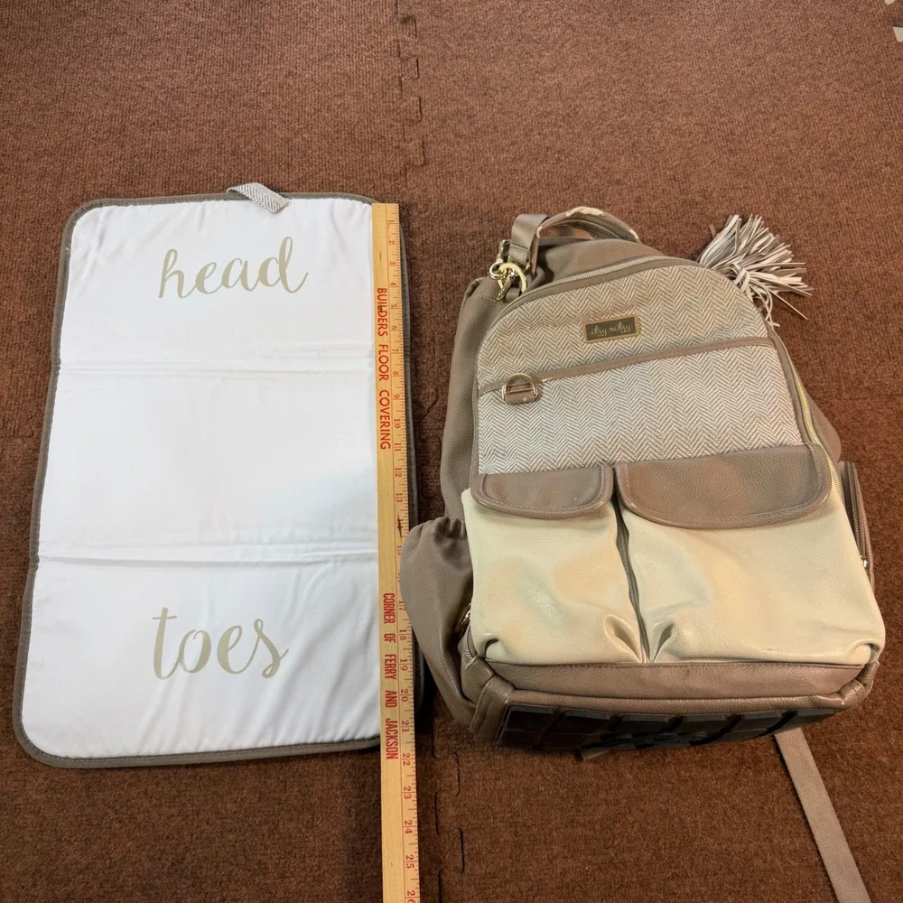 Itzy Ritzy Diaper Bag Backpack Taupe Cream Herringbone with Changing Pad